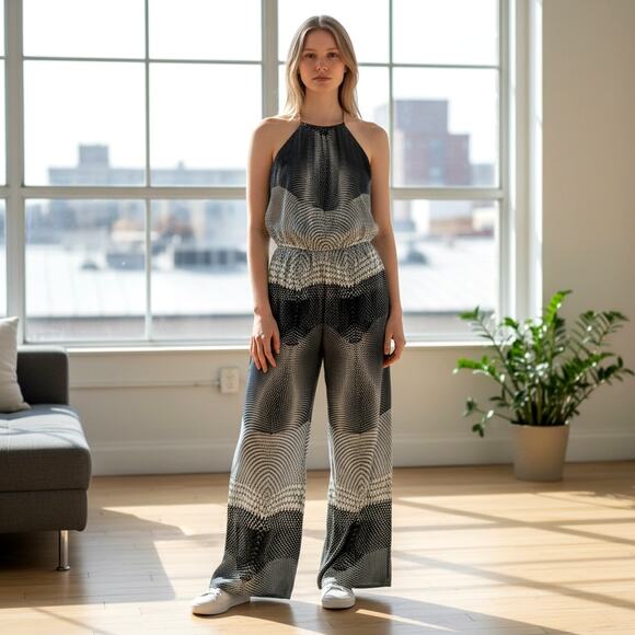 ALEXIS Halter Neck Wide Leg Jumpsuit Size S Optical Wave Print Cinched Waist